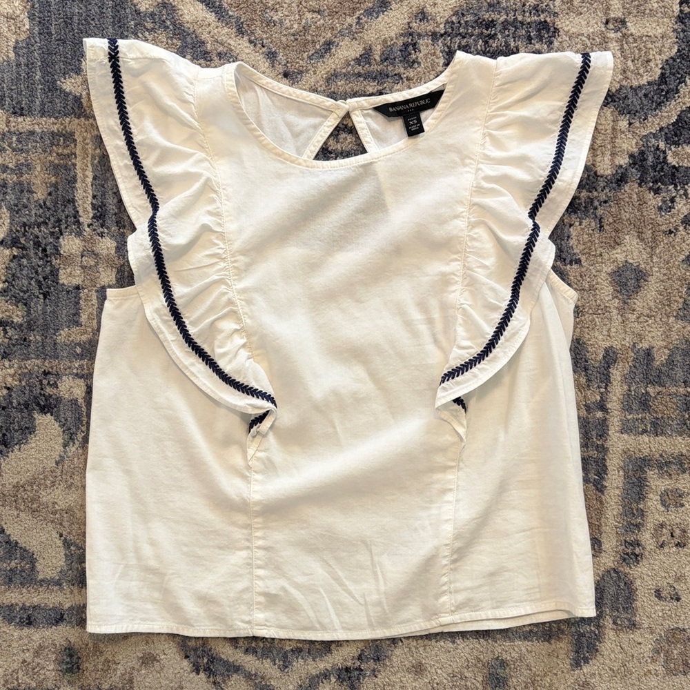Banana Republic White Nautical Sleeveless Ruffle Blouse